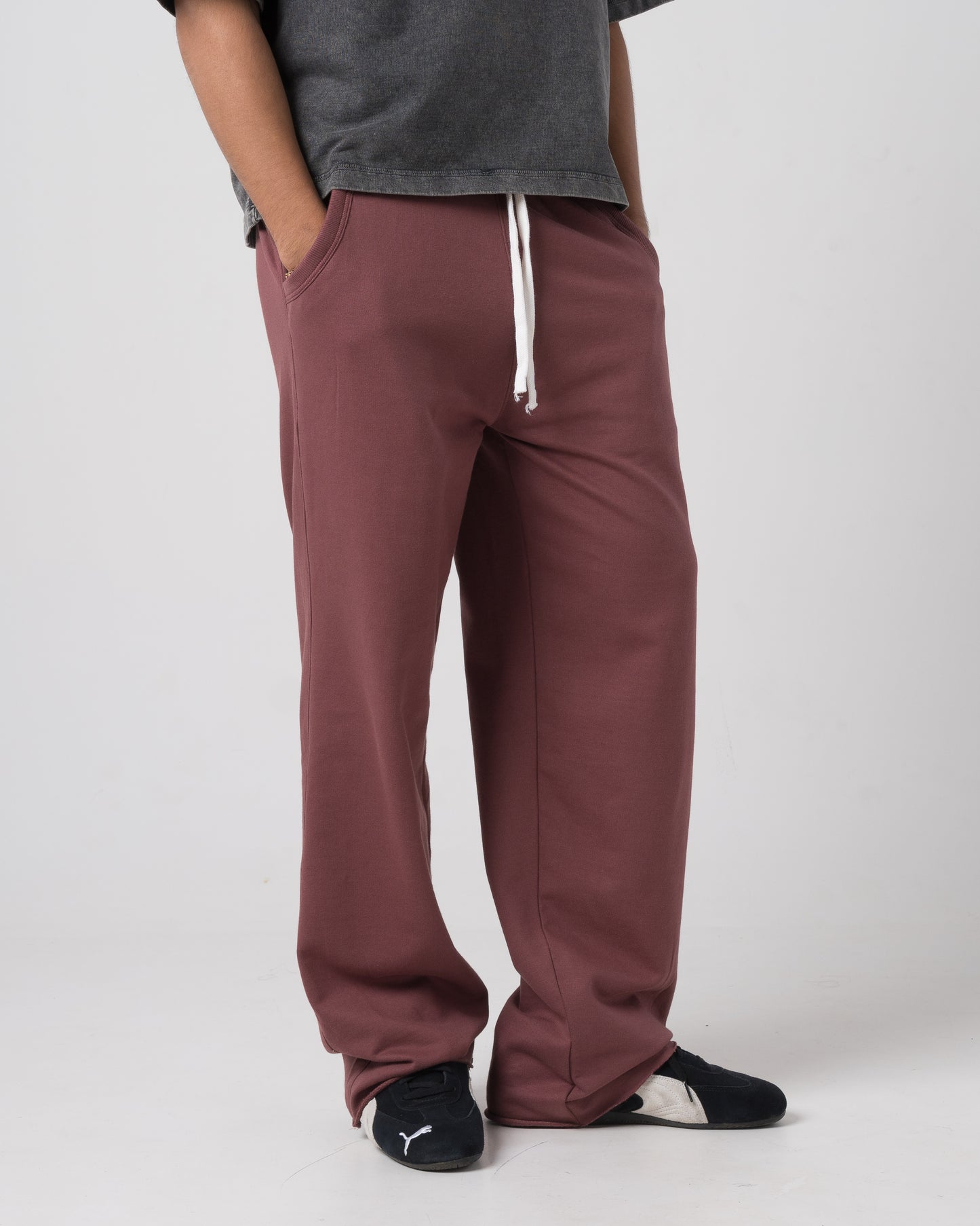 Raw Hem Loose Sweatpants (Dull Maroon)