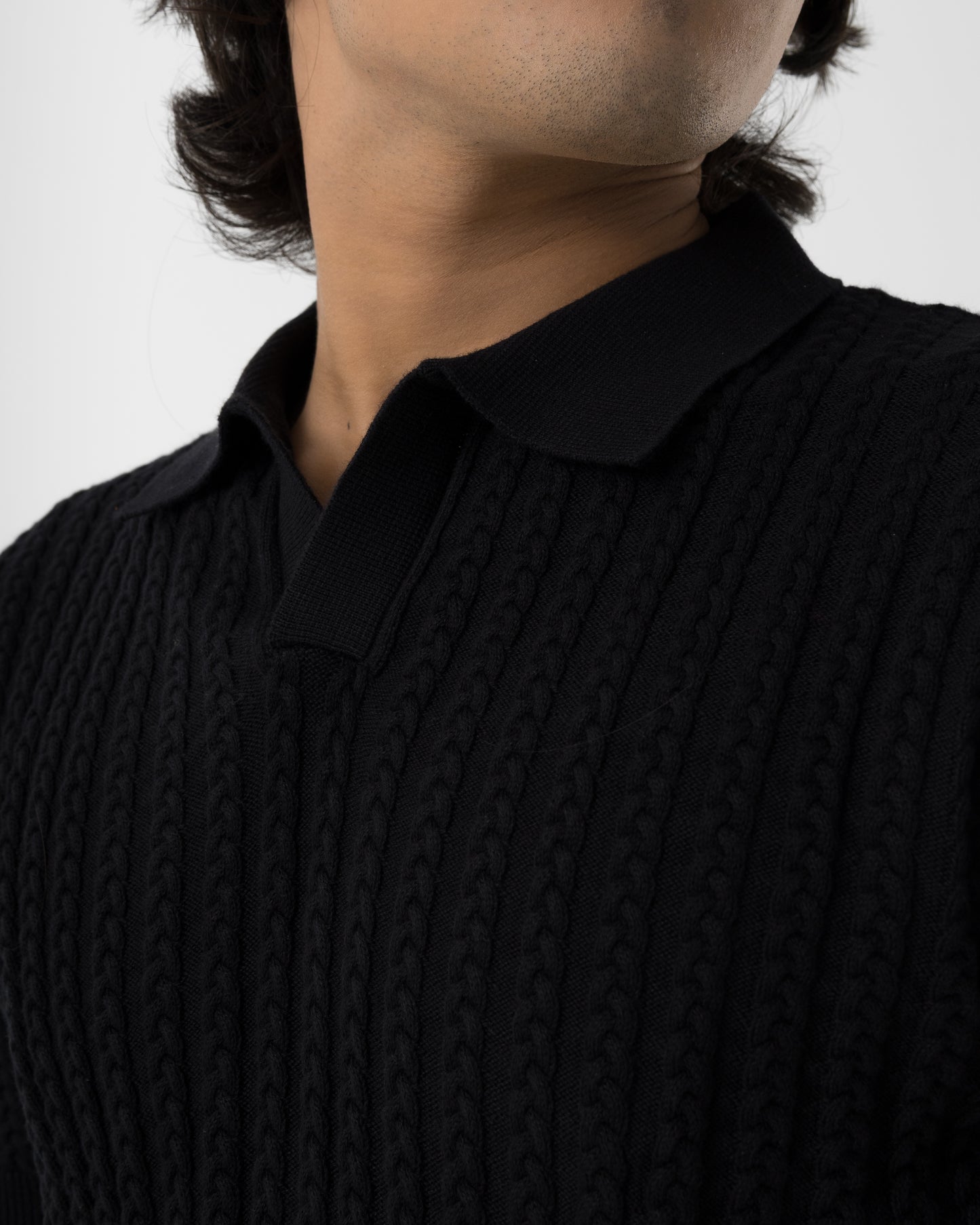 Cable-Knit Polo (Black)
