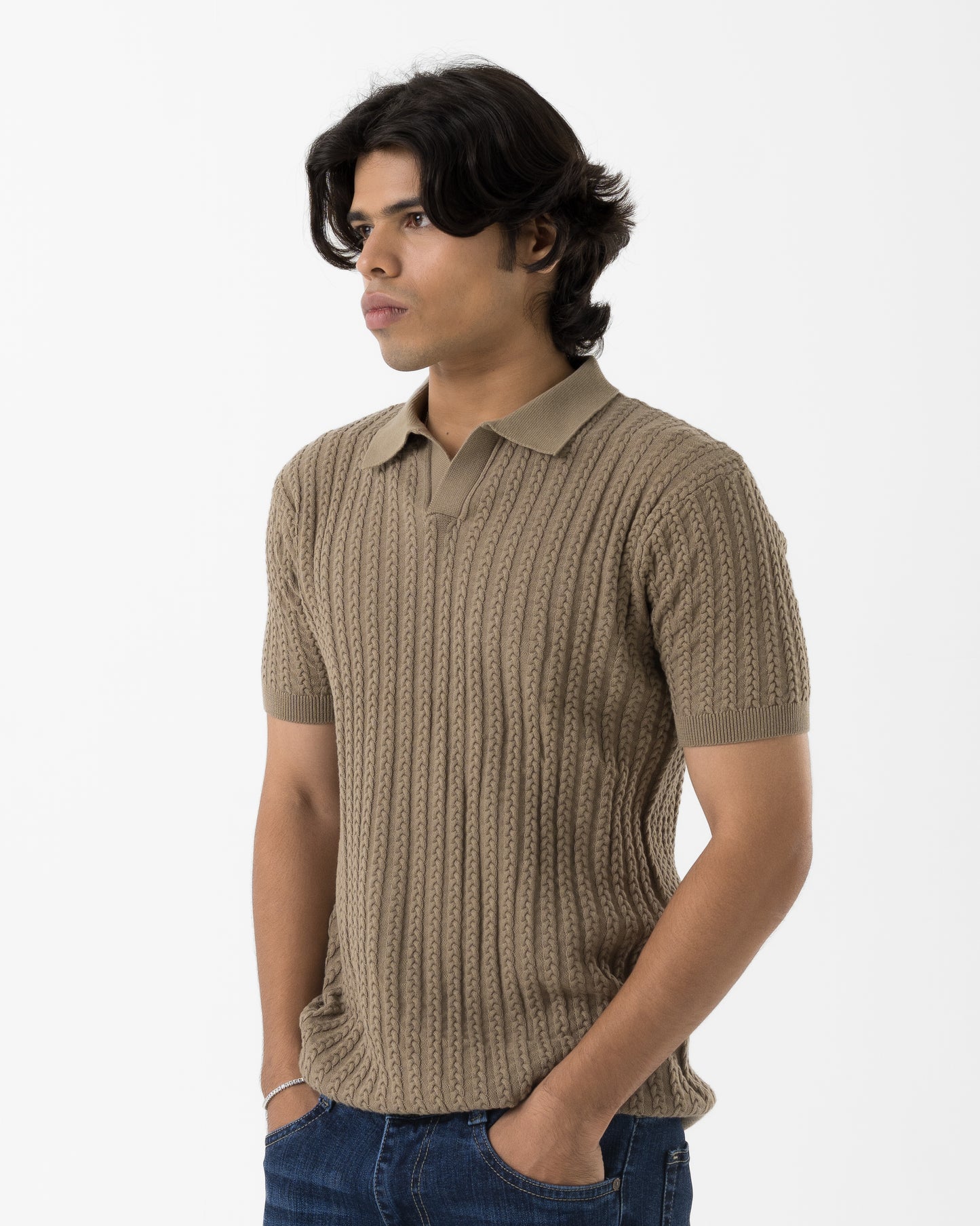 Cable-Knit Polo (Beige)