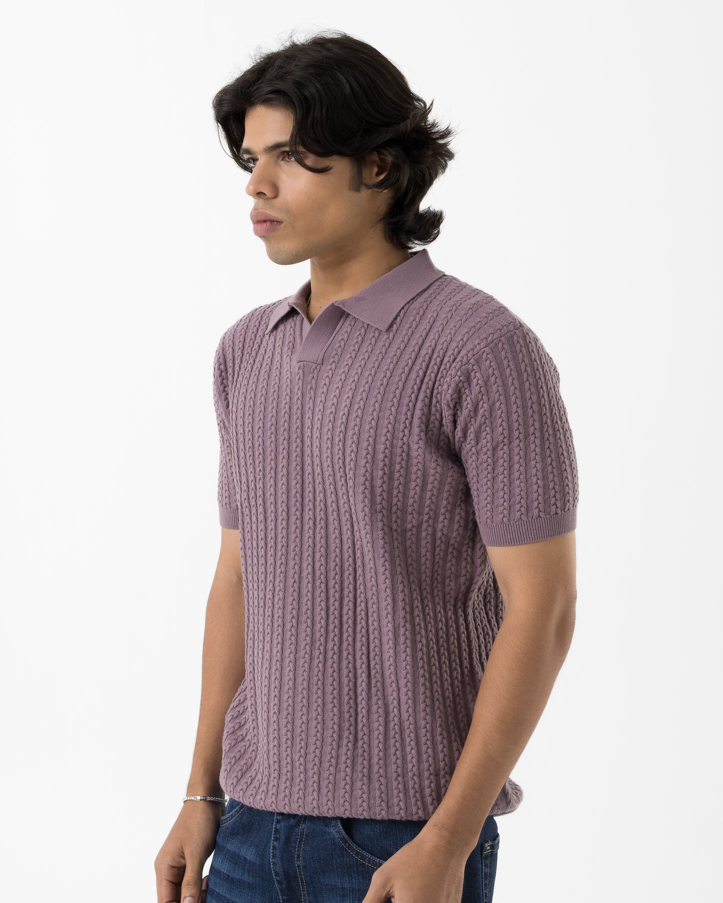 Cable-Knit Polo (Mauve)