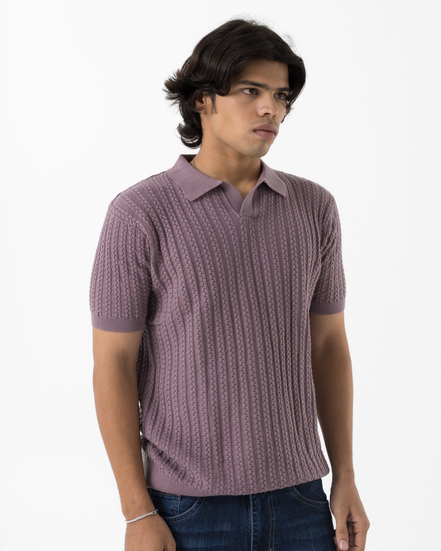 Cable-Knit Polo (Mauve)